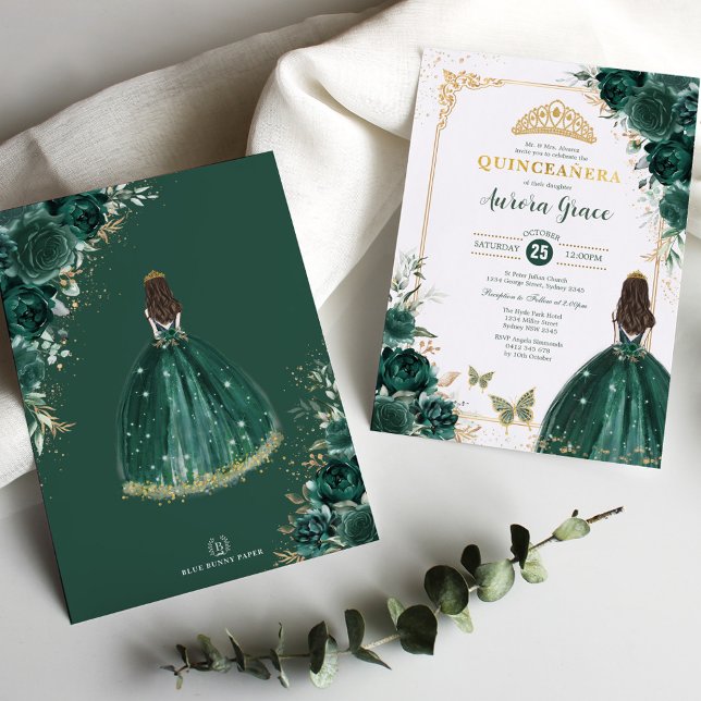 Quinceañera Emerald Green Gold Floral Princess Einladung (Von Creator hochgeladen)