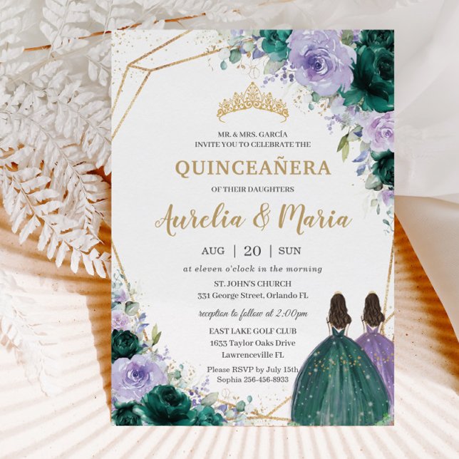 Quinceañera Emerald Green Lilac Floral Twins Einladung (Von Creator hochgeladen)