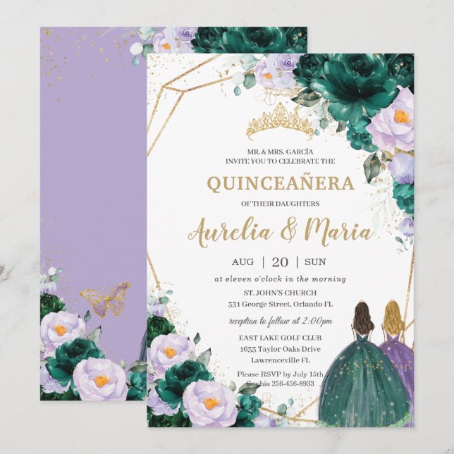 Quinceañera Emerald Green Lilac Rose Twins Einladung (Vorne/Hinten)