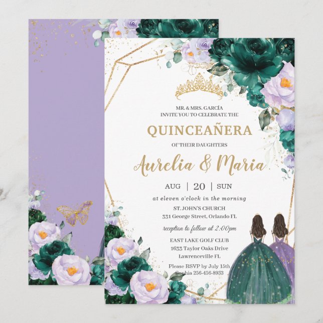 Quinceañera Emerald Green Lilac Rose Twins Einladung (Vorne/Hinten)