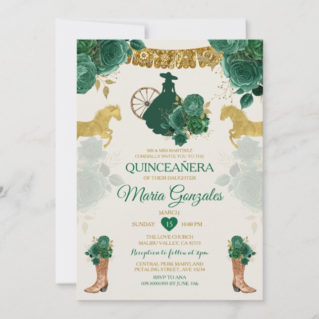 Quinceañera Emerald Green Mexican 16. Schmetterlin Einladung (Vorderseite)