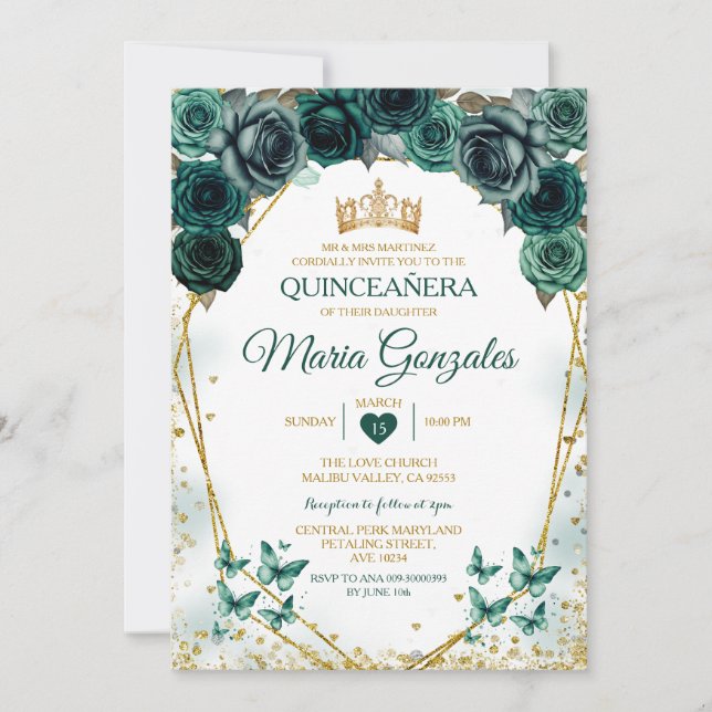 Quinceañera Emerald Green Mexican Butterfly Einladung (Vorderseite)