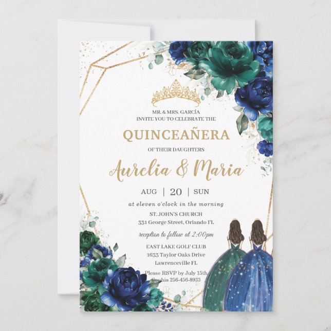 Quinceañera Emerald Green Royal Blue Floral Twins Einladung (Vorderseite)