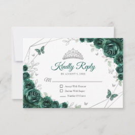 Quinceanera Emerald Green Silver Floral Reply RSVP Karte