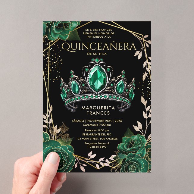 Quinceañera Emerald Green Tiara Black Spanisch Acryleinladungen (Insitu (Handheld))