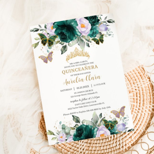 Quinceañera Emerald Lila Floral Gold Schmetterling Einladung (Von Creator hochgeladen)