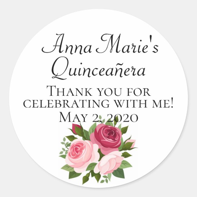 Quinceañera-Etiketten mit Rose nach Maß Runder Aufkleber (Vorderseite)