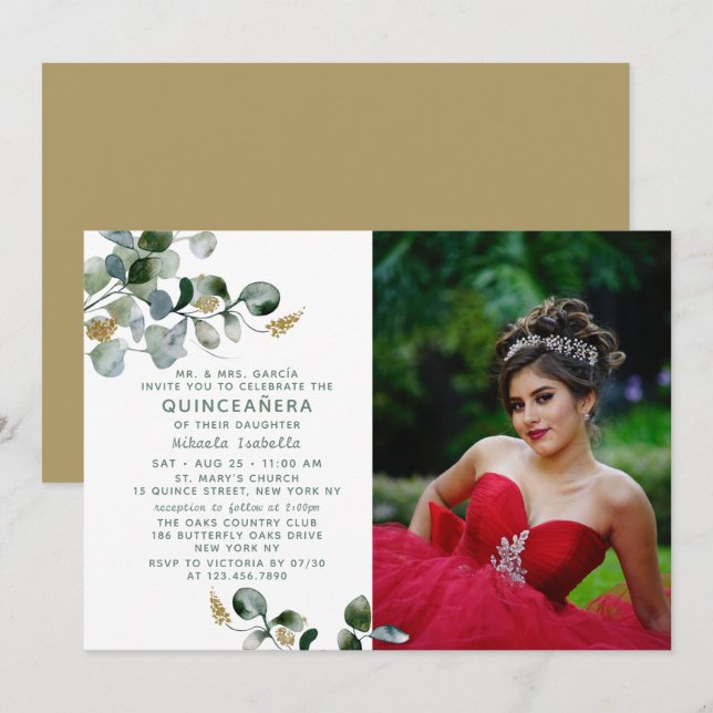 Quinceañera Eukalyptus Greenery Foto Einladung (Vorne/Hinten)