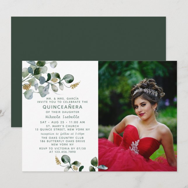 Quinceañera Eukalyptus Greenery Foto Einladung (Vorne/Hinten)