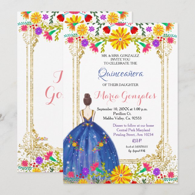 Quinceanera Farbige Blume Gold Einladung (Vorne/Hinten)