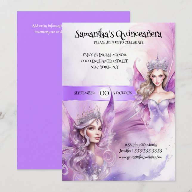 Quinceañera Feenprinzessin lila whimsistische Mädc Einladung (Vorne/Hinten)