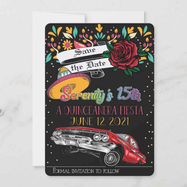 Quinceanera fiesta floral w/ lowrider & rote Rose Einladung (Vorderseite)