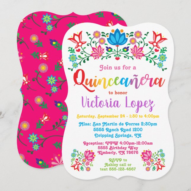 Quinceañera Fiesta-Geburtstags-Party folkart Einladung (Vorne/Hinten)