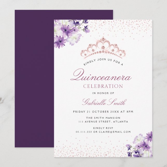 Quinceanera fleurie violette invitation (Devant / Derrière)