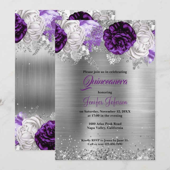 Quinceanera fleurie violette Invitation (Devant / Derrière)