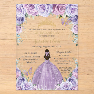 Quinceañera Flieder Lila Blumen Gold Schmetterling Acryleinladungen