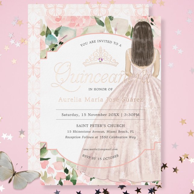 Quinceañera Floral Aquarellblume Blauer Rosa Folieneinladung (Von Creator hochgeladen)