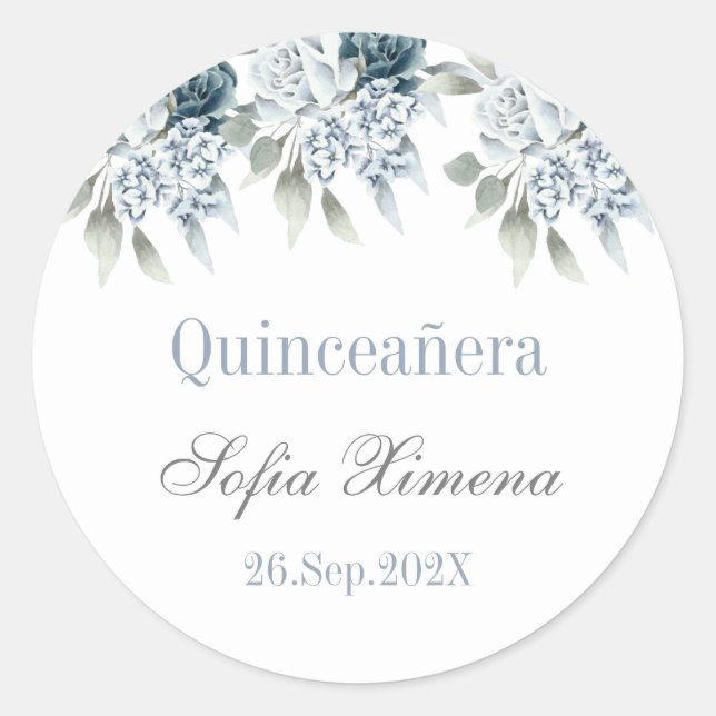 Quinceañera floral azul runder aufkleber (Vorderseite)
