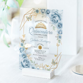 Quinceanera Floral Baby Blue Gold Acryleinladungen