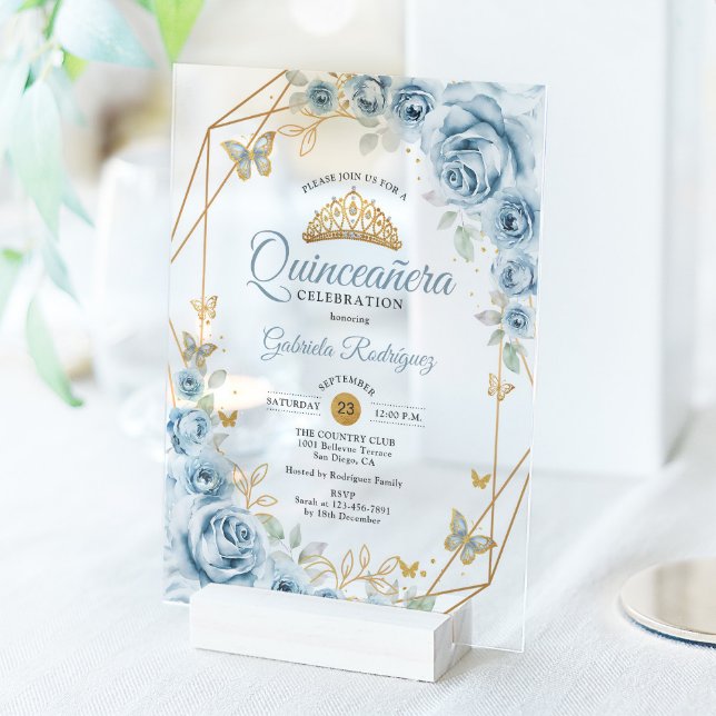 Quinceanera Floral Baby Blue Gold Acryleinladungen (Von Creator hochgeladen)