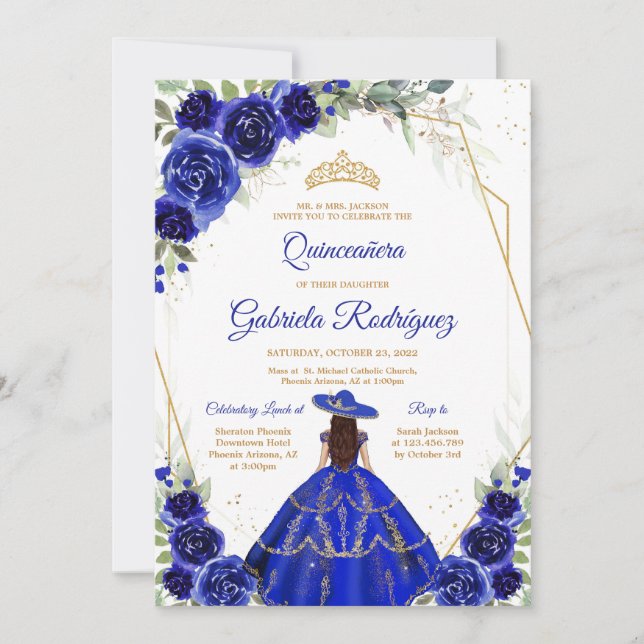 Quinceanera Floral Blue Gold Invitation (Devant)