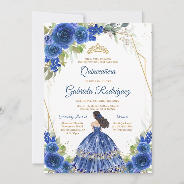 Quinceanera Floral Blue Gold Invitation Einladung (Vorderseite)