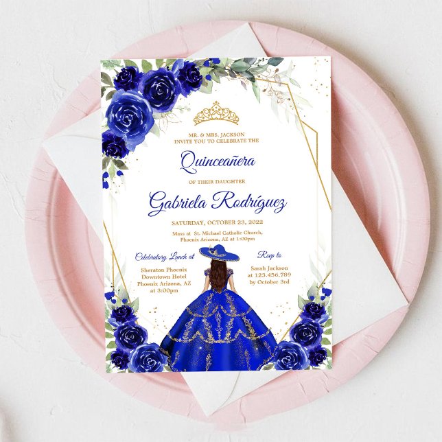 Quinceanera Floral Blue Gold Invitation Einladung (Von Creator hochgeladen)