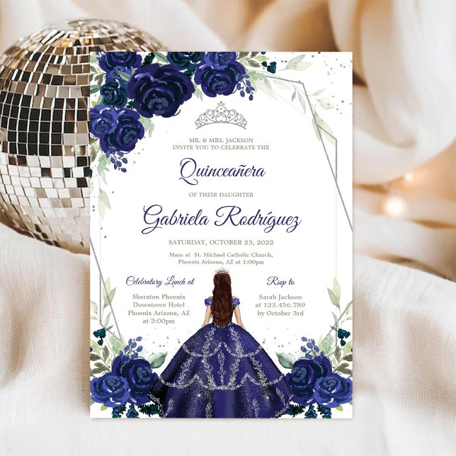 Quinceanera Floral Blue Silver Invitation Einladung (Von Creator hochgeladen)
