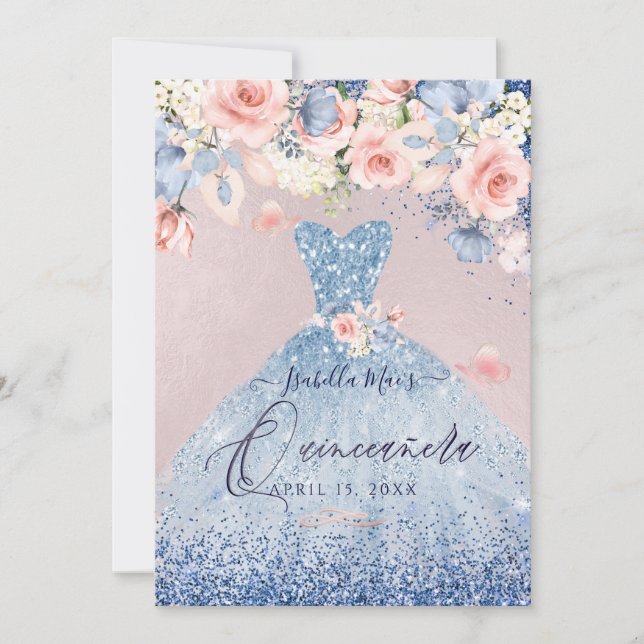 Quinceanera Floral Dusty Blue Glitzer Gown Einladung (Vorderseite)