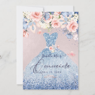 Quinceanera Floral Dusty Blue Glitzer Gown Einladung