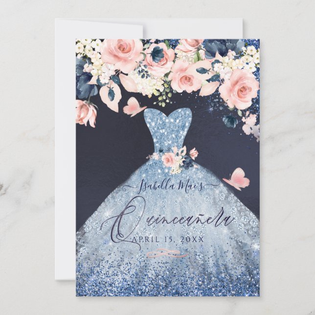Quinceanera Floral Dusty Blue Glitzer Gown Einladung (Vorderseite)