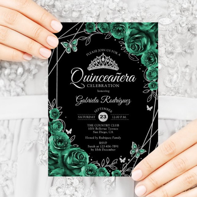 Quinceanera Floral Emerald Green Silver Black Einladung (Von Creator hochgeladen)