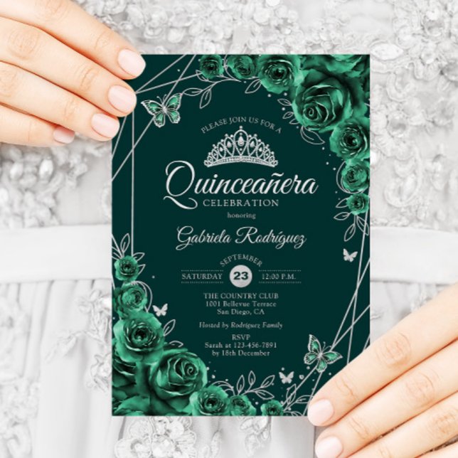 Quinceanera Floral Emerald Green Silver Einladung (Von Creator hochgeladen)