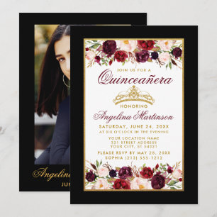 Quinceanera Floral Gold Crown Foto Black Einladung
