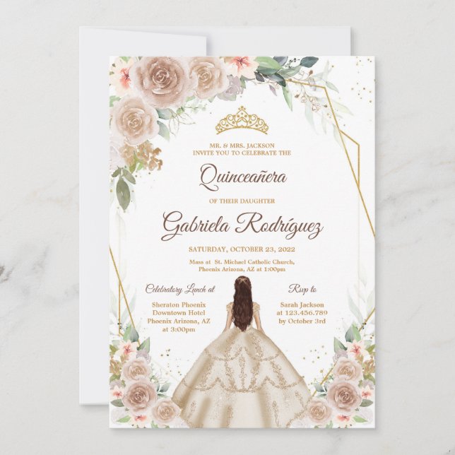 Quinceanera Floral Gold Invitation (Devant)