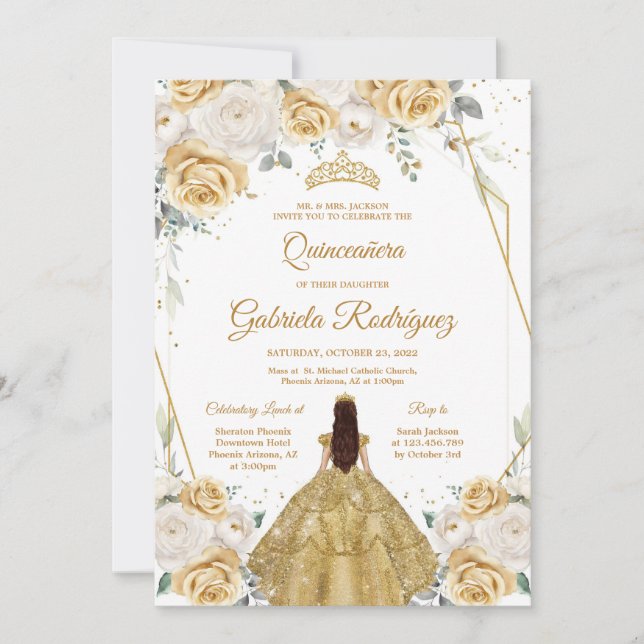 Quinceanera Floral Gold Invitation (Devant)