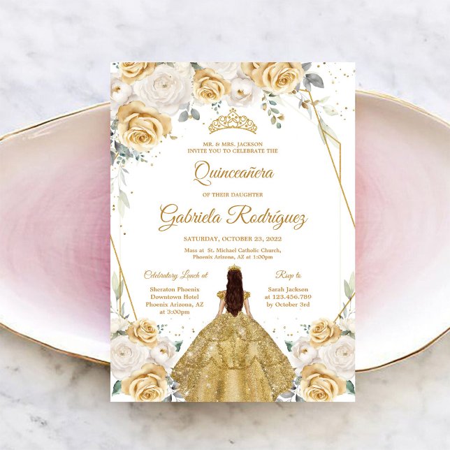Quinceanera Floral Gold Invitation Einladung (Von Creator hochgeladen)