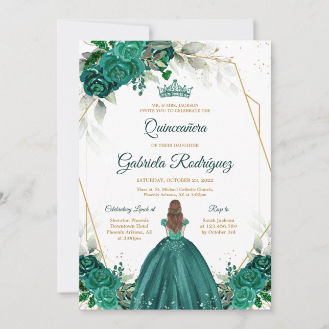 Quinceanera Floral Green Gold Invitation (Devant)