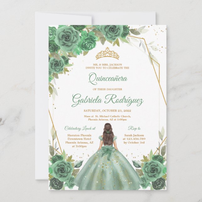 Quinceanera Floral Green Gold Invitation Einladung (Vorderseite)