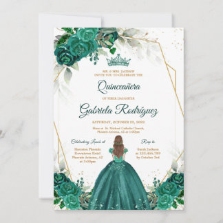 Quinceanera Floral Green Gold Invitation Einladung