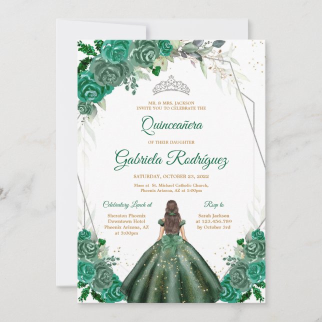Quinceanera Floral Green Silver Invitation (Devant)
