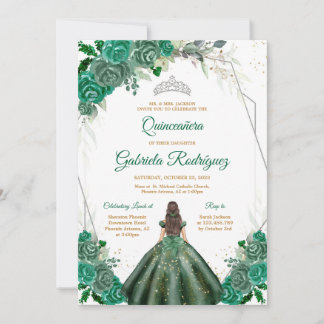 Quinceanera Floral Green Silver Invitation Einladung