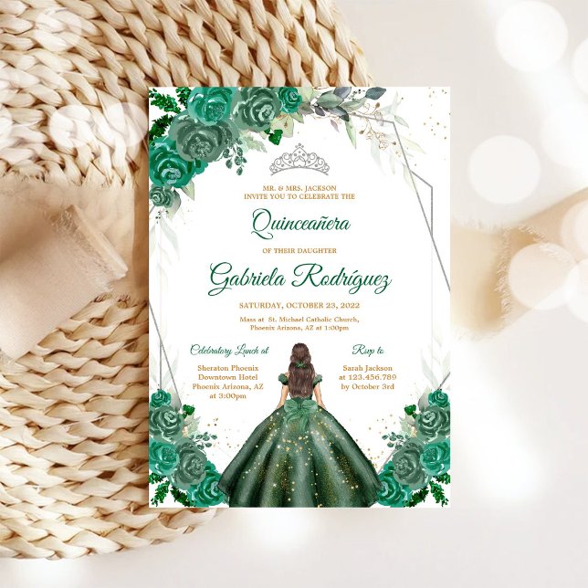 Quinceanera Floral Green Silver Invitation Einladung (Von Creator hochgeladen)