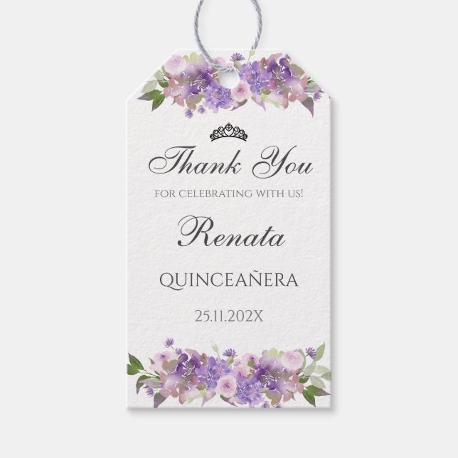Quinceanera Floral Lila Geschenkanhänger (Vorderseite)