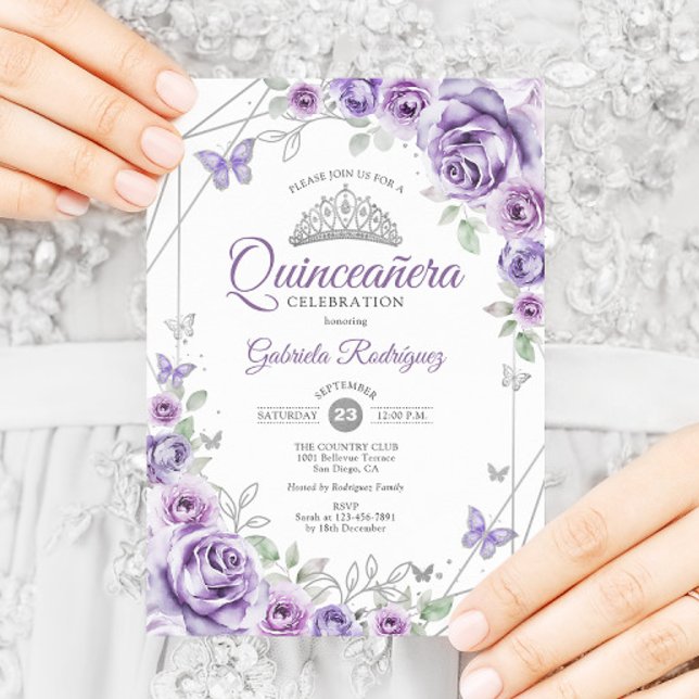 Quinceanera Floral Lilac Lila Silver Einladung (Von Creator hochgeladen)