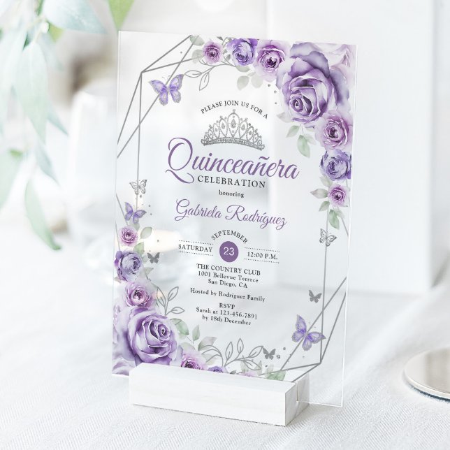 Quinceanera Floral Lilac Purple Silver Acryleinladungen (Von Creator hochgeladen)