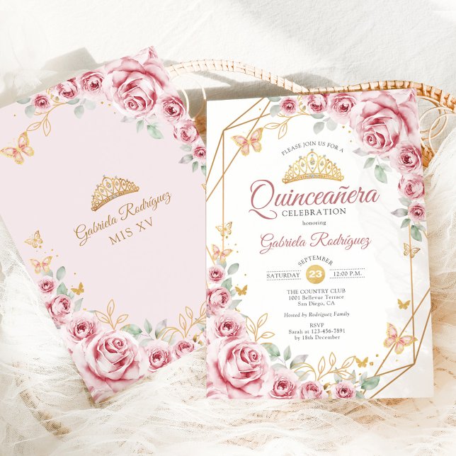 Quinceanera Floral Pink Gold Einladung (Von Creator hochgeladen)