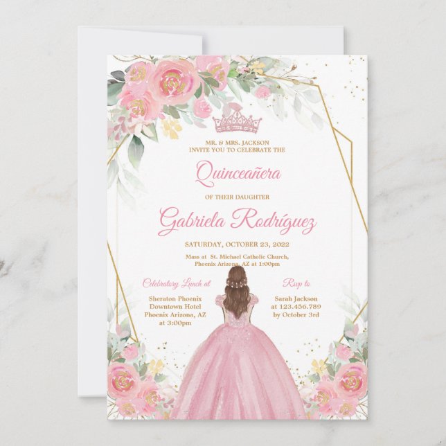 Quinceanera Floral Pink Gold Invitation (Devant)