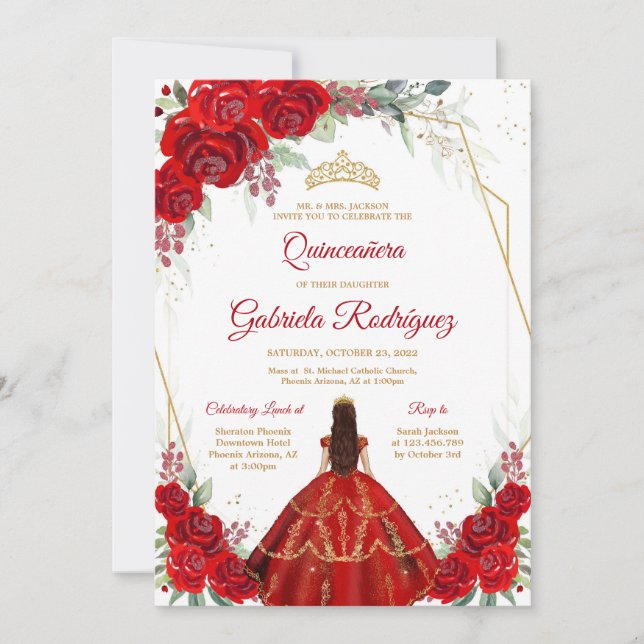 Quinceanera Floral Red Gold Invitation (Devant)