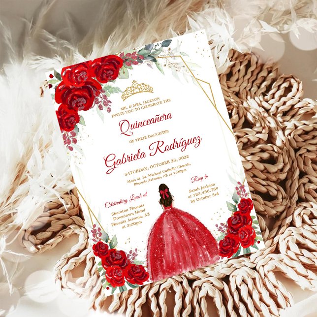Quinceanera Floral Red Rose Gold Invitation Einladung (Von Creator hochgeladen)